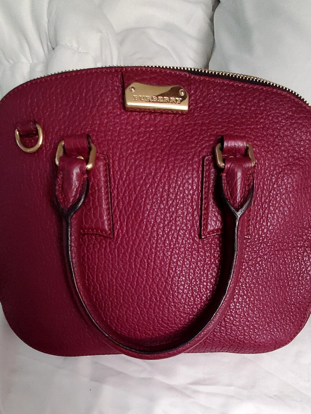 Beautiful Burberry Pebbled Leather Dome Satche in Burgundy with Gold Hardware